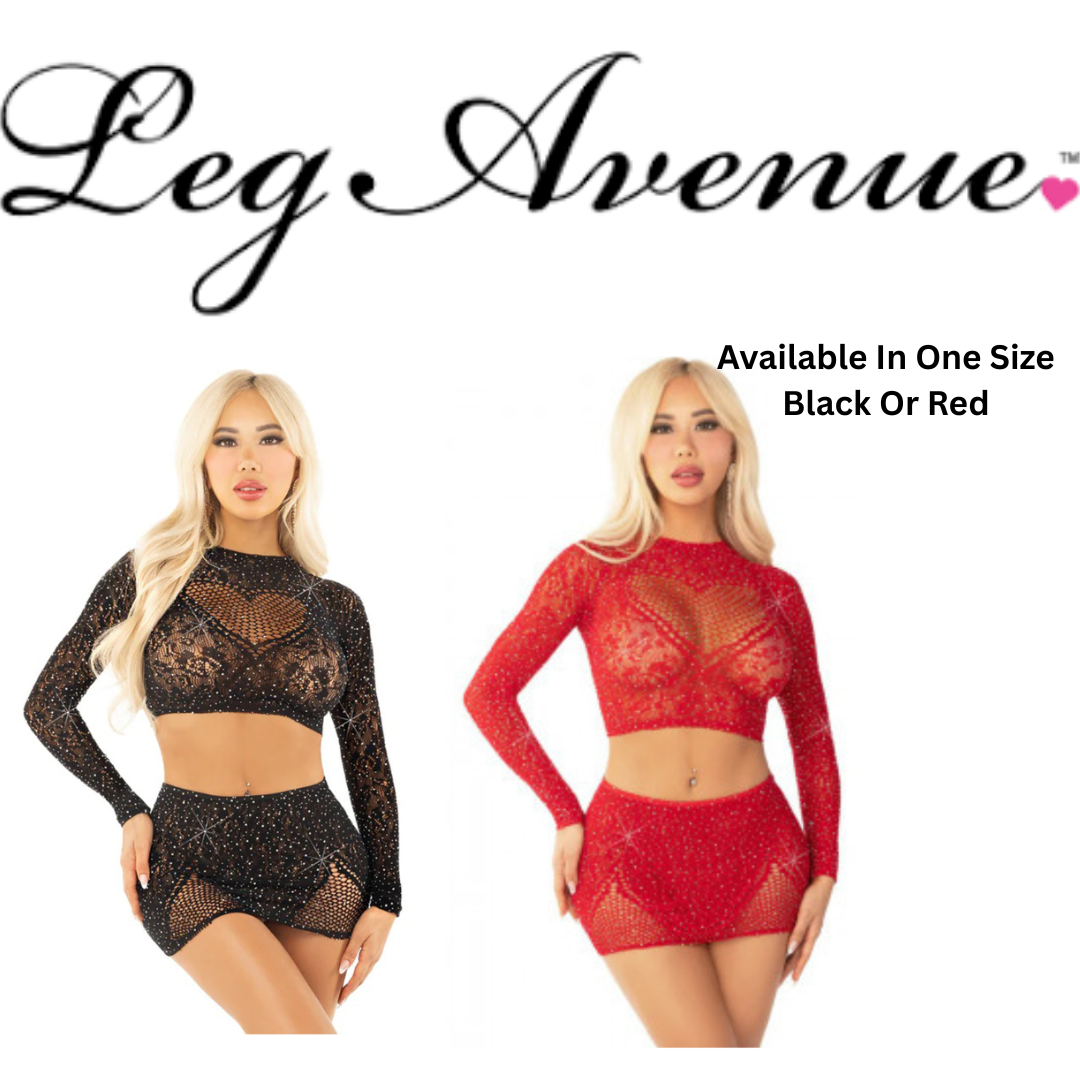 2pc Rhinestone Lace & Net Crop Top with Heart Keyhole Mini Skirt