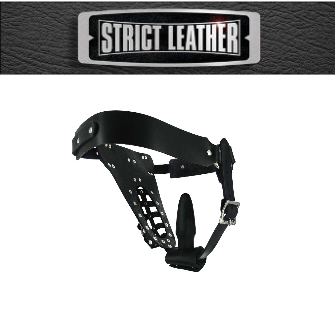The Safety Net Leather Male Chastity Belt With Anal Plug Harness