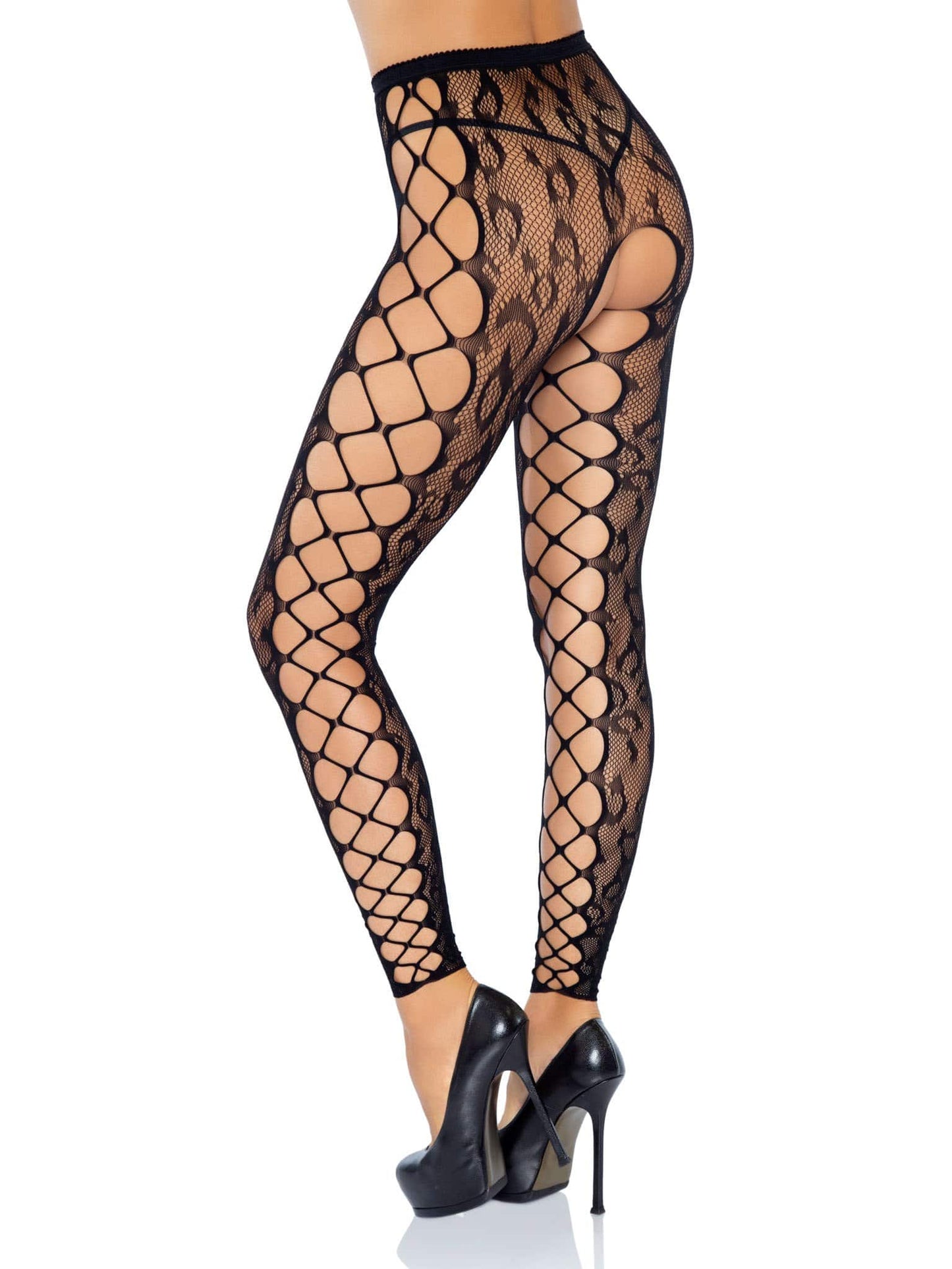 Black Footless Leopard Lace Crotchless Tights