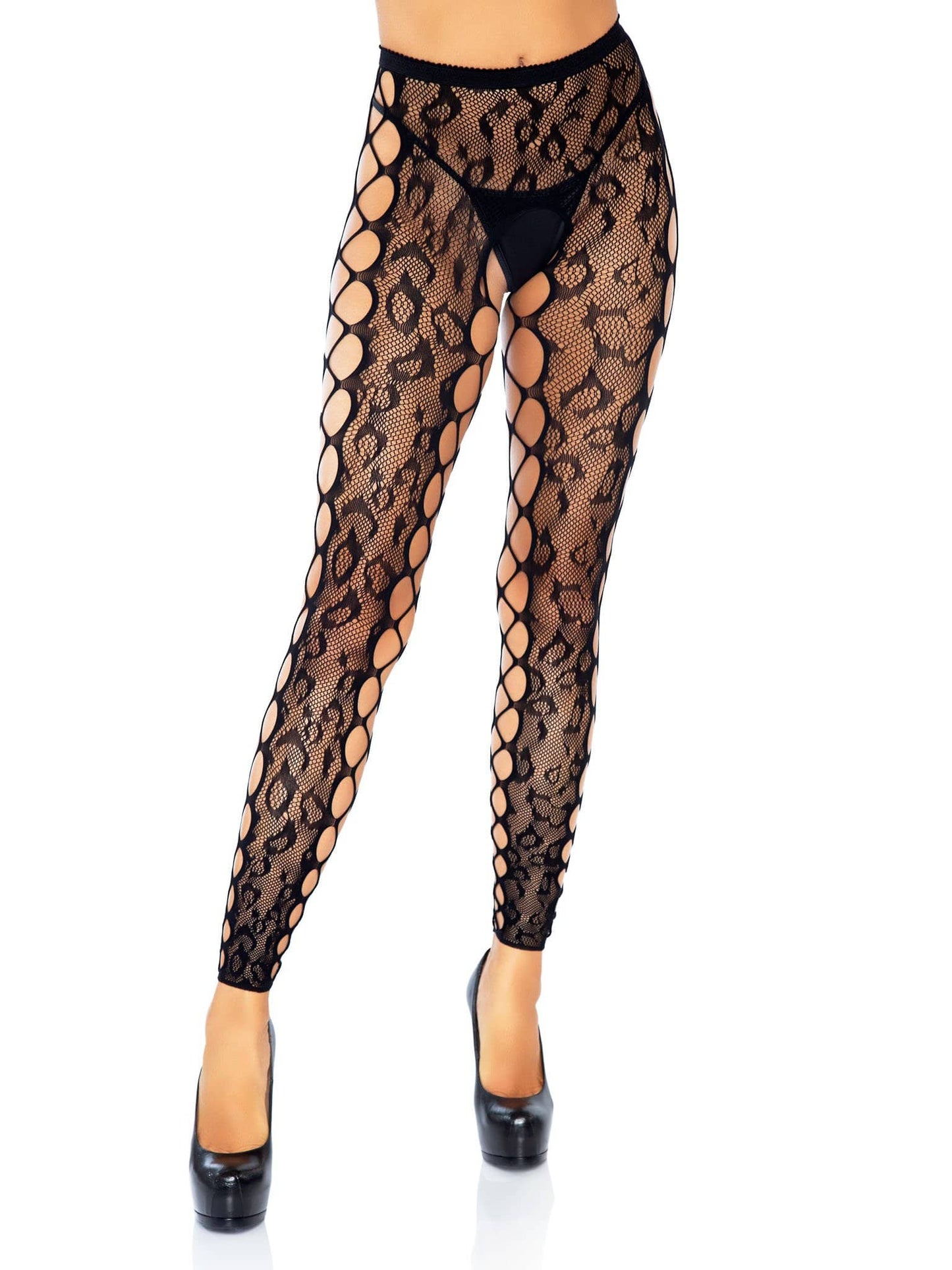 Black Footless Leopard Lace Crotchless Tights