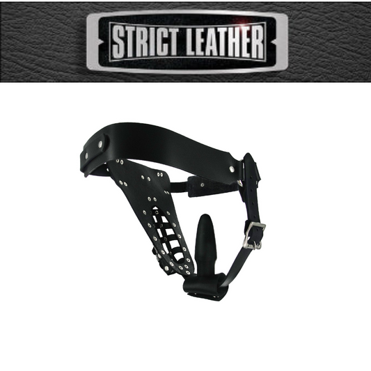 The Safety Net Leather Male Chastity Belt With Anal Plug Harness