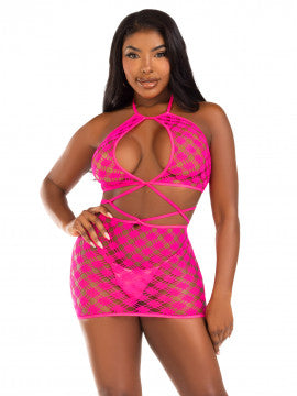 Keyhole Halter Hardcore Net Mini Dress