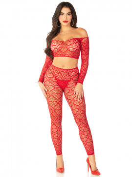 2pc Heart Net Crop Top & Footless Tights
