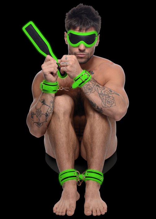 Master Series Kink in the Dark Glowing Cuffs Blindfold and Paddle Bondage Set