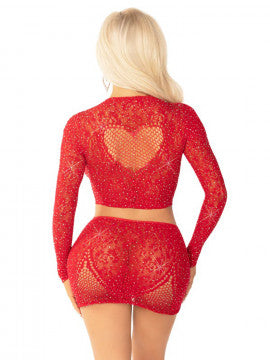 2pc Rhinestone Lace & Net Crop Top with Heart Keyhole Mini Skirt