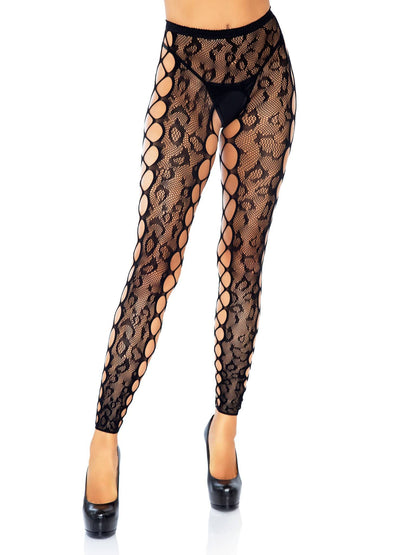 Black Footless Leopard Lace Crotchless Tights