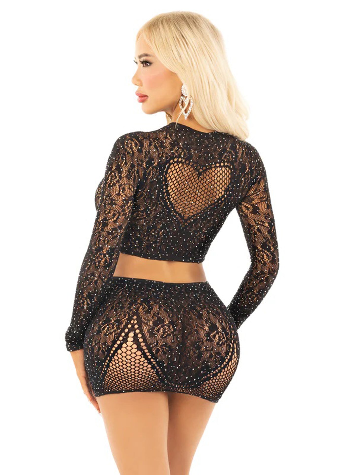 2pc Rhinestone Lace & Net Crop Top with Heart Keyhole Mini Skirt