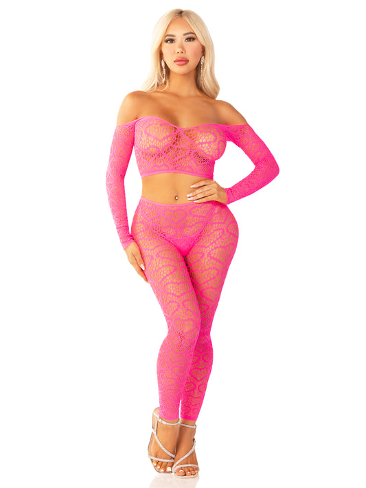 2pc Heart Net Crop Top & Footless Tights