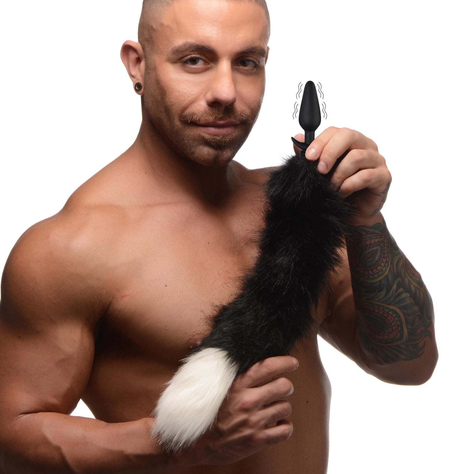 Vibrating Anal Plug With Interchangeable Black & White Fox Tail