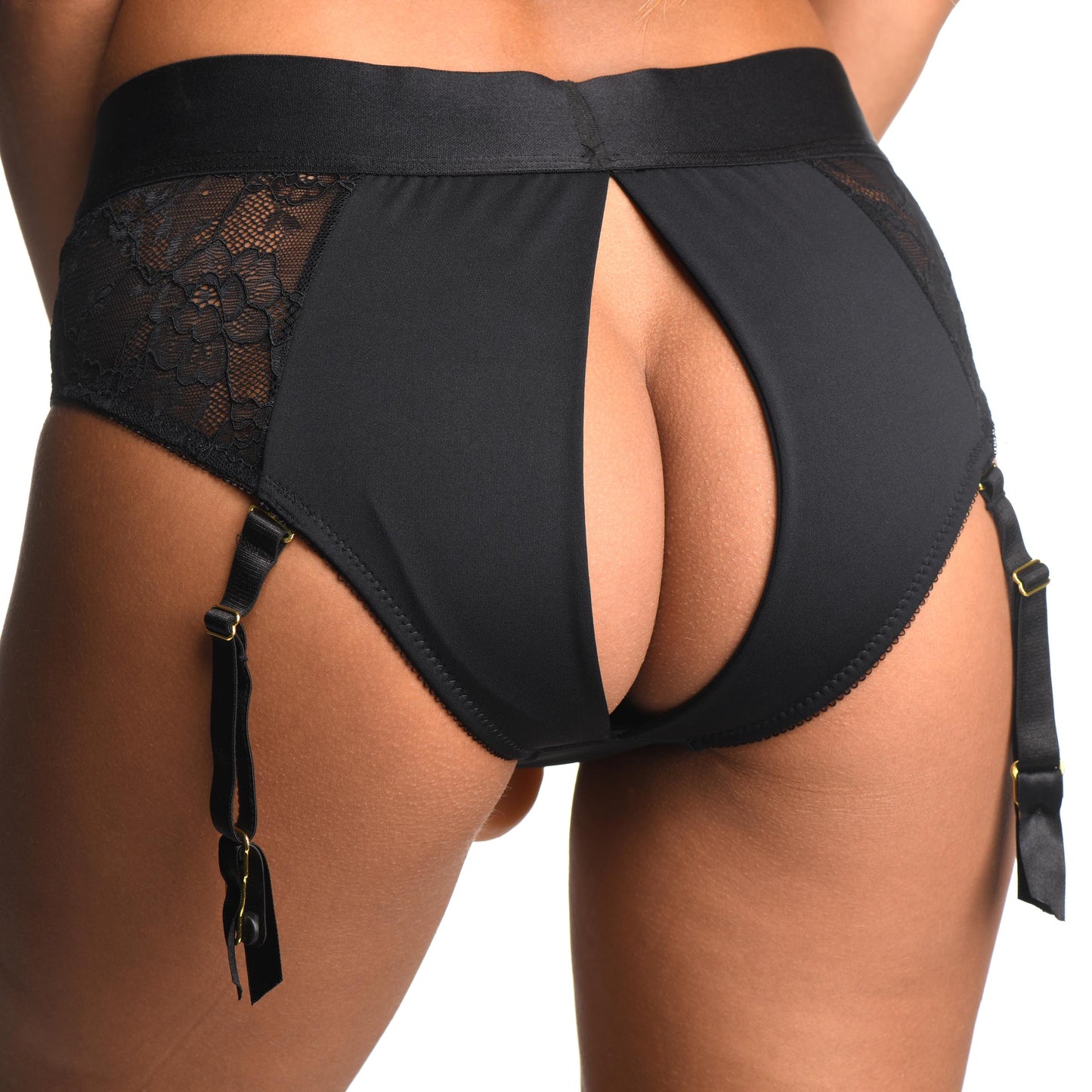 Laced Seductress Crotchless Panty Harness With Garter Straps