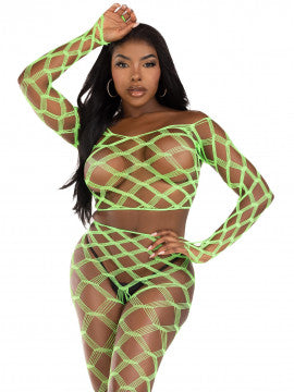2Pc Net Crop Top & Footless Tights