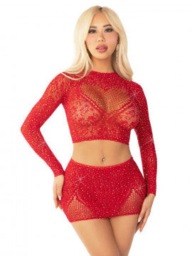 2pc Rhinestone Lace & Net Crop Top with Heart Keyhole Mini Skirt